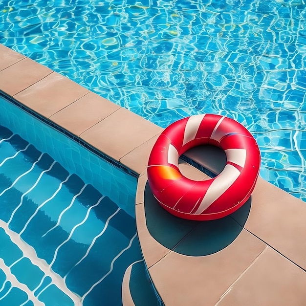 Una piscina con un anello rosso e bianco in estate