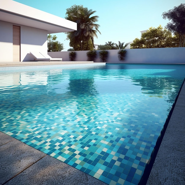 Una piscina con un bordo di piastrelle blu e una casa sullo sfondo.