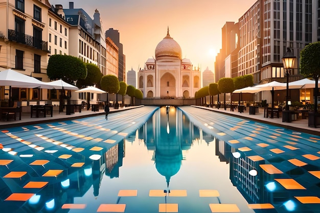 Una piscina con un edificio sullo sfondo e la scritta "taj" sul fondo.