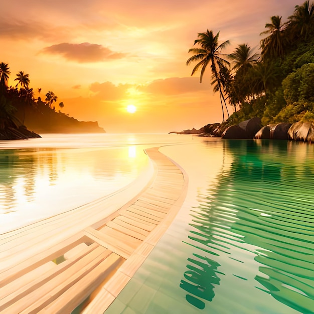 Una piscina con un tramonto sullo sfondo