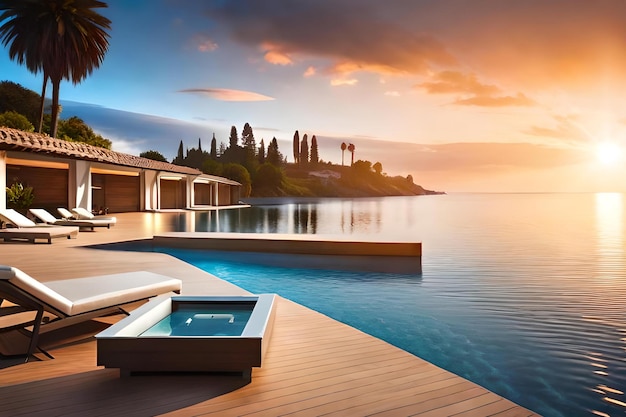 Una piscina con un tramonto sullo sfondo