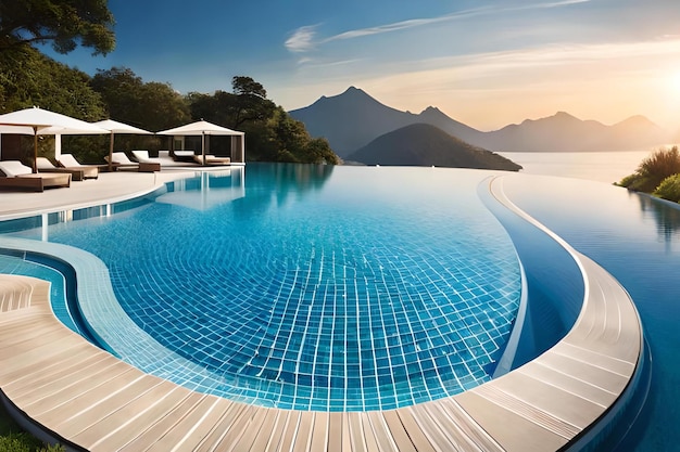 Una piscina con una montagna sullo sfondo