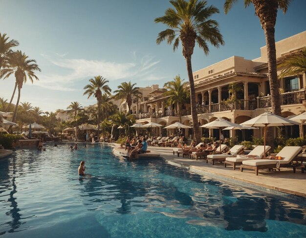 una piscina con una palma e un edificio sullo sfondo