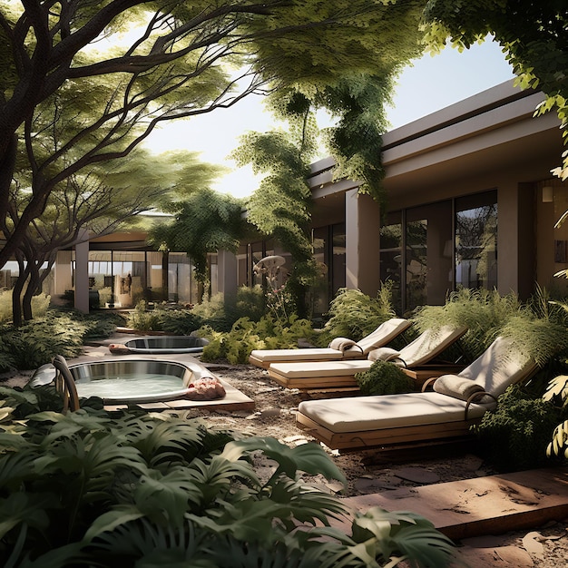 una piscina con vasca e una piscina con piante e alberi sullo sfondo