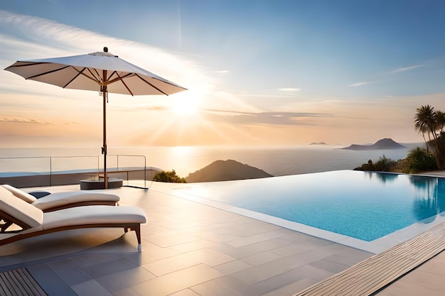 Una piscina con vista sull'oceano e un ombrellone