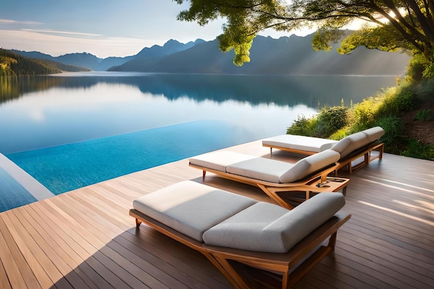 Una piscina con vista sulle montagne e sull'acqua