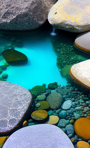 Una piscina d'acqua con un trampolino colorato.