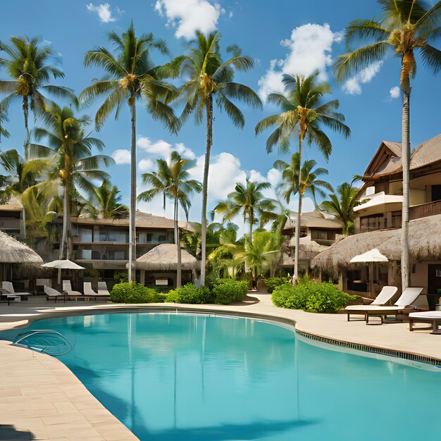 una piscina d'albergo con palme e un cielo blu con nuvole