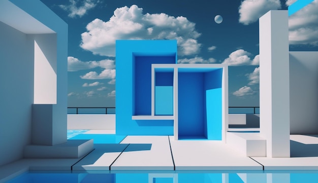 Una piscina dalle forme quadrate bianche e blu e il cielo pieno di nuvole.