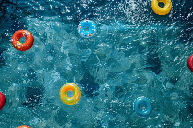 una piscina di cobalto con galleggianti disposti come polka dots che creano una scena di divertimento estivo