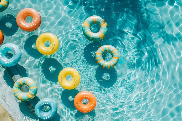 una piscina di cobalto con galleggianti disposti come polka dots che creano una scena di divertimento estivo