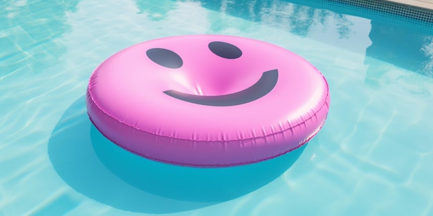 Una piscina gonfiabile rosa galleggiante con una faccina sorridente su di essa.