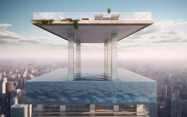 Una piscina in cima a un edificio con una città sullo sfondo.