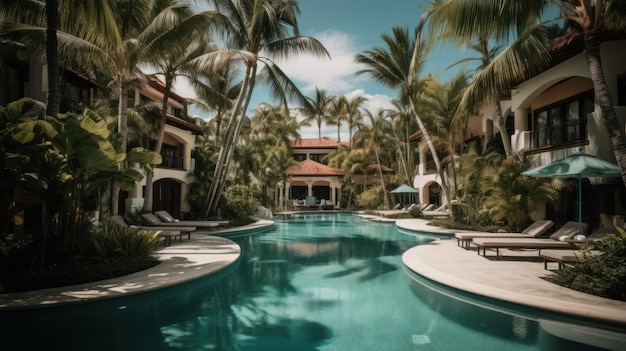 Una piscina in un resort con palme e un cielo blu