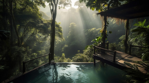 Una piscina in una foresta pluviale tropicale con il sole che splende attraverso gli alberi