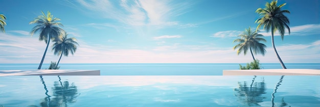 una piscina su una spiaggia con alberi di cocco in stile azzurro cielo e verde acqua