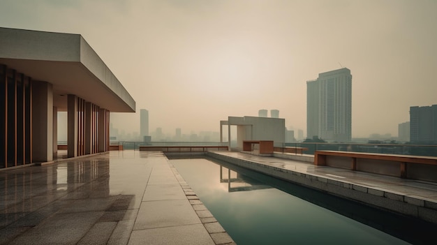 Una piscina sul tetto con vista sulla città sullo sfondo