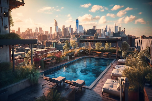 Una piscina sul tetto della città con vista sullo skyline e cocktail