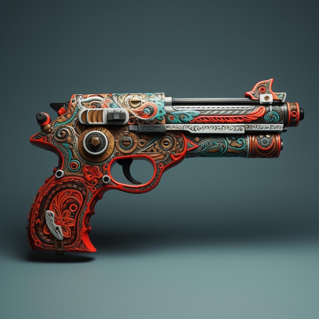 Una pistola colorata con un design rosso e blu sulla parte superiore.