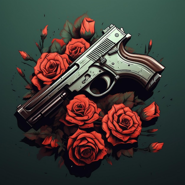 una pistola con delle rose e una pistola sopra