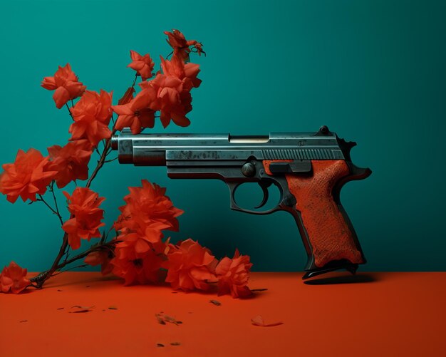 una pistola seduta sopra alcuni fiori su uno sfondo arancione e turchese