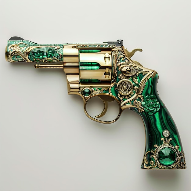 una pistola verde con oro e perle verdi su di essa