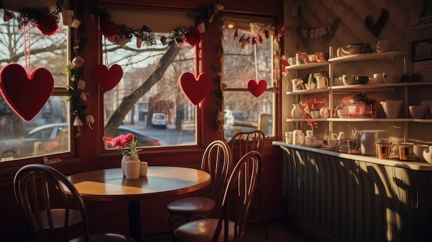 una pittoresca caffetteria a tema di San Valentino adornata con decorazioni a forma di cuore