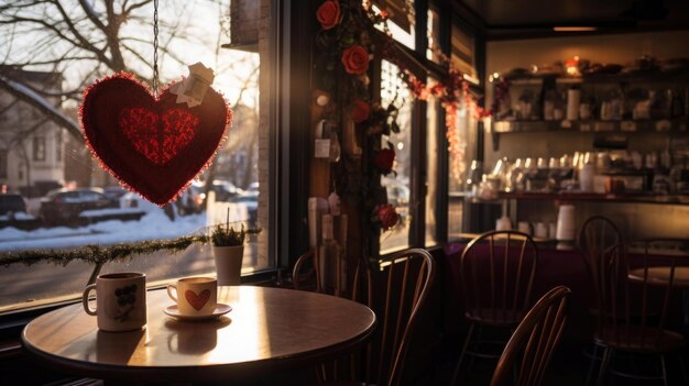 una pittoresca caffetteria a tema di San Valentino adornata con decorazioni a forma di cuore