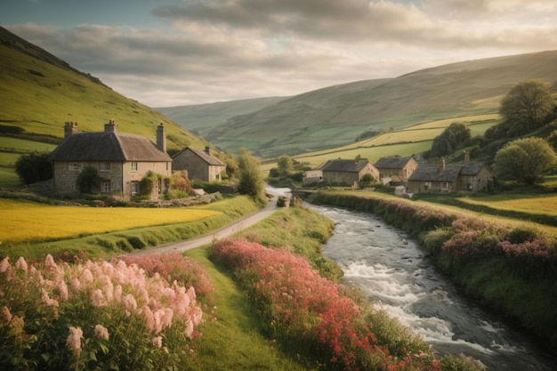 Una pittoresca campagna con pittoreschi cottage annidati tra campi di fiori in fiore