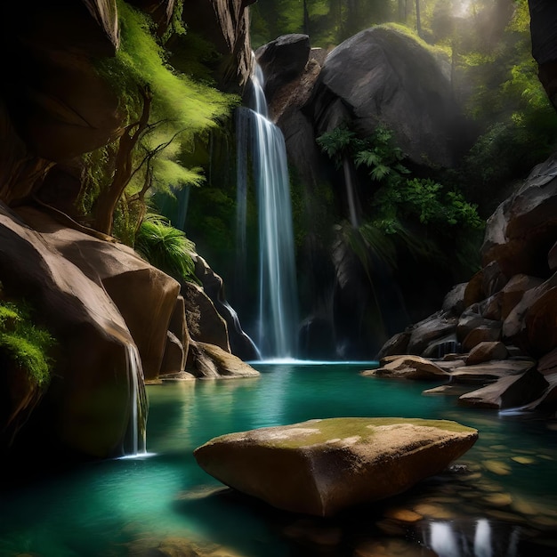 Una pittoresca cascata che scende da una scogliera rocciosa in una piscina cristallina sottostante