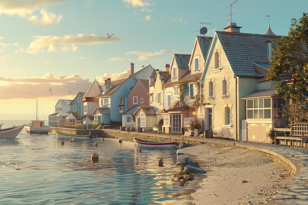 Una pittoresca città balneare con cottage di colori pastello