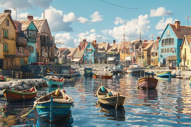 Una pittoresca città costiera con colorate barche da pesca