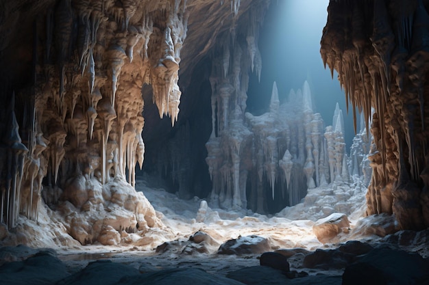 Una pittoresca grotta di ghiaccio con acqua cristallina