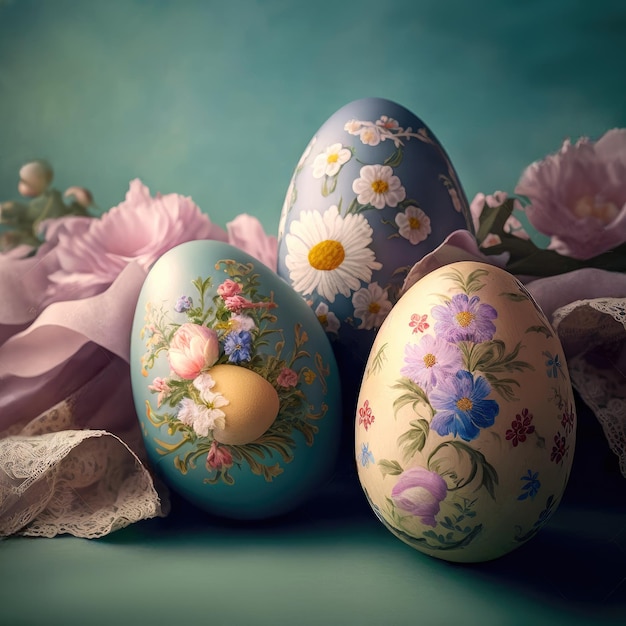 Una pittoresca natura morta con uova di Pasqua color pastello riccamente decorate su uno sfondo di tessuto circondato da fiori che sbocciano Una rappresentazione affascinante e suggestiva del fascino vintage della Pasqua