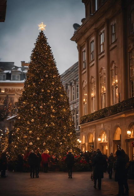 una pittoresca piazza della città piena di luci, decorazioni e un grande albero di Natale