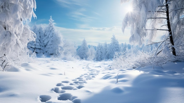 una pittoresca scena di foresta innevata con una scia di impronte che conduce a una capanna nascosta