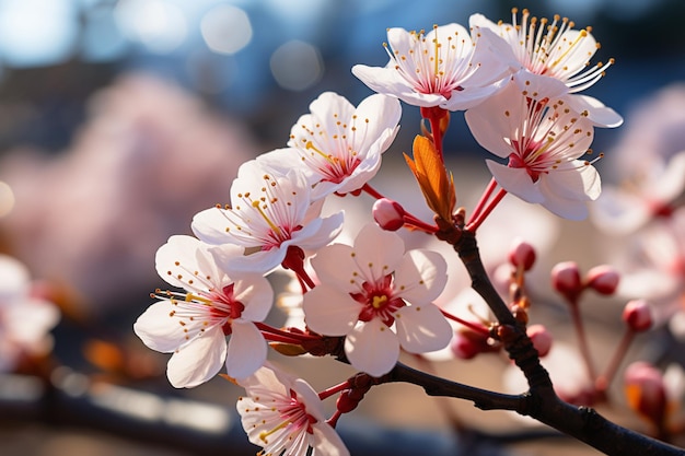 Una pittoresca scena primaverile si svolge con fiori e sole sulla natura sfocata