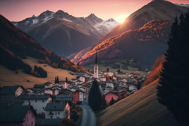 Una pittoresca vista al crepuscolo di una città di montagna e delle colline circostanti