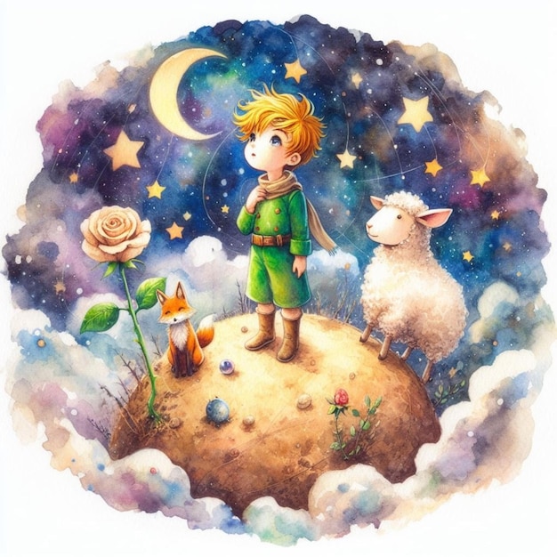 Una pittura d'illustrazione romantica che disegna il piccolo principe e il suo fiore e la volpe