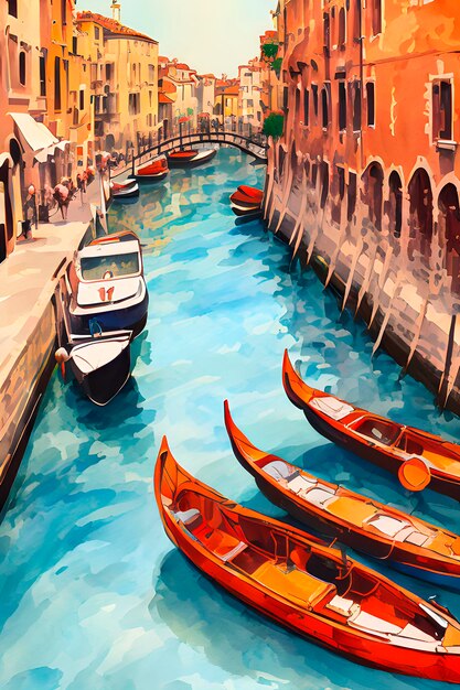 Una pittura espressionista ad acquerello della città di Venezia catturata nell'ora d'oro