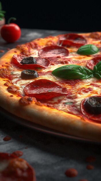 Una pizza ai peperoni con olive e peperoni su un tavolo.