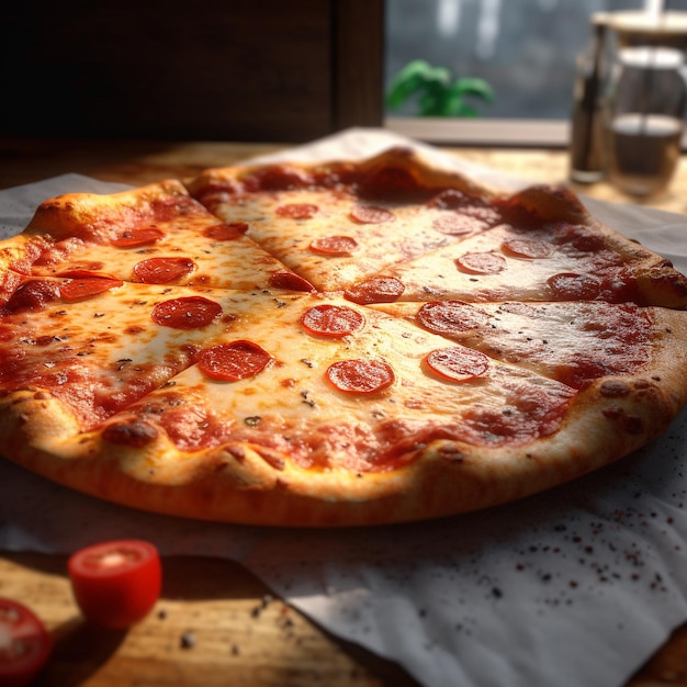 Una pizza ai peperoni si trova su un pezzo di carta su un tavolo.