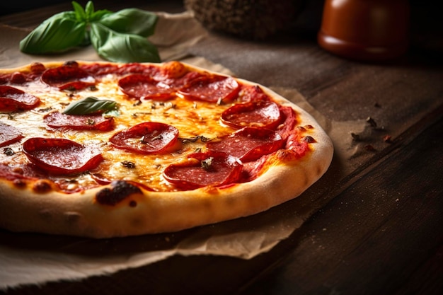 Una pizza ai peperoni su carta marrone