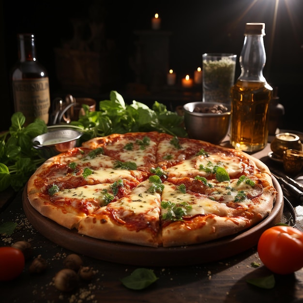 Una pizza con accanto una bottiglia di birra