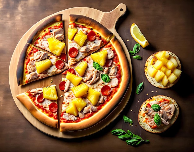 Una pizza con ananas accanto a una fetta di pizza.