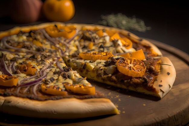 Una pizza con arance, funghi e cipolle su una tavola di legno