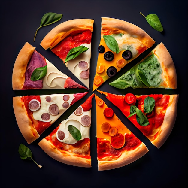 Una pizza con diversi condimenti è mostrata su uno sfondo nero Generativo ai