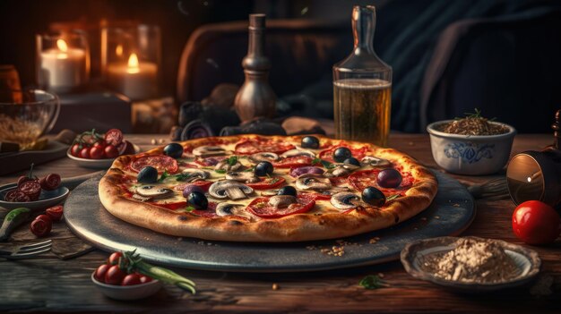 Una pizza con funghi e olive si trova su un tavolo con una bottiglia di birra sullo sfondo