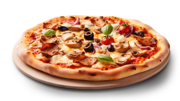 una pizza con funghi, olive e basilico su un piatto di legno.