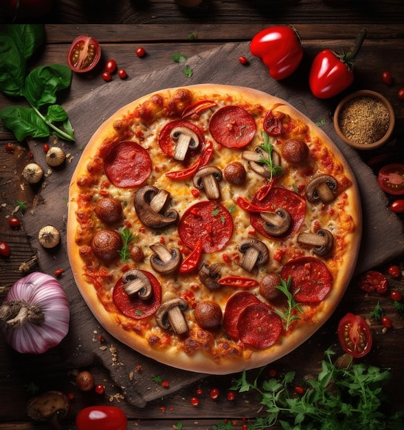 Una pizza con funghi, pomodoro e funghi su un tavolo di legno.